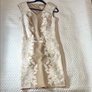 Enfocus Studio Beige Midi Dress with White Floral Applique